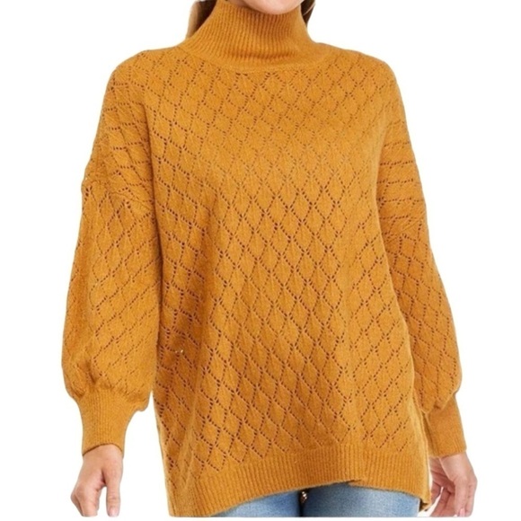 Wonderly Indian Gold Sweater Mock Turtleneck Balloon Sleeves Tunic Length Sz L - Picture 1 of 11